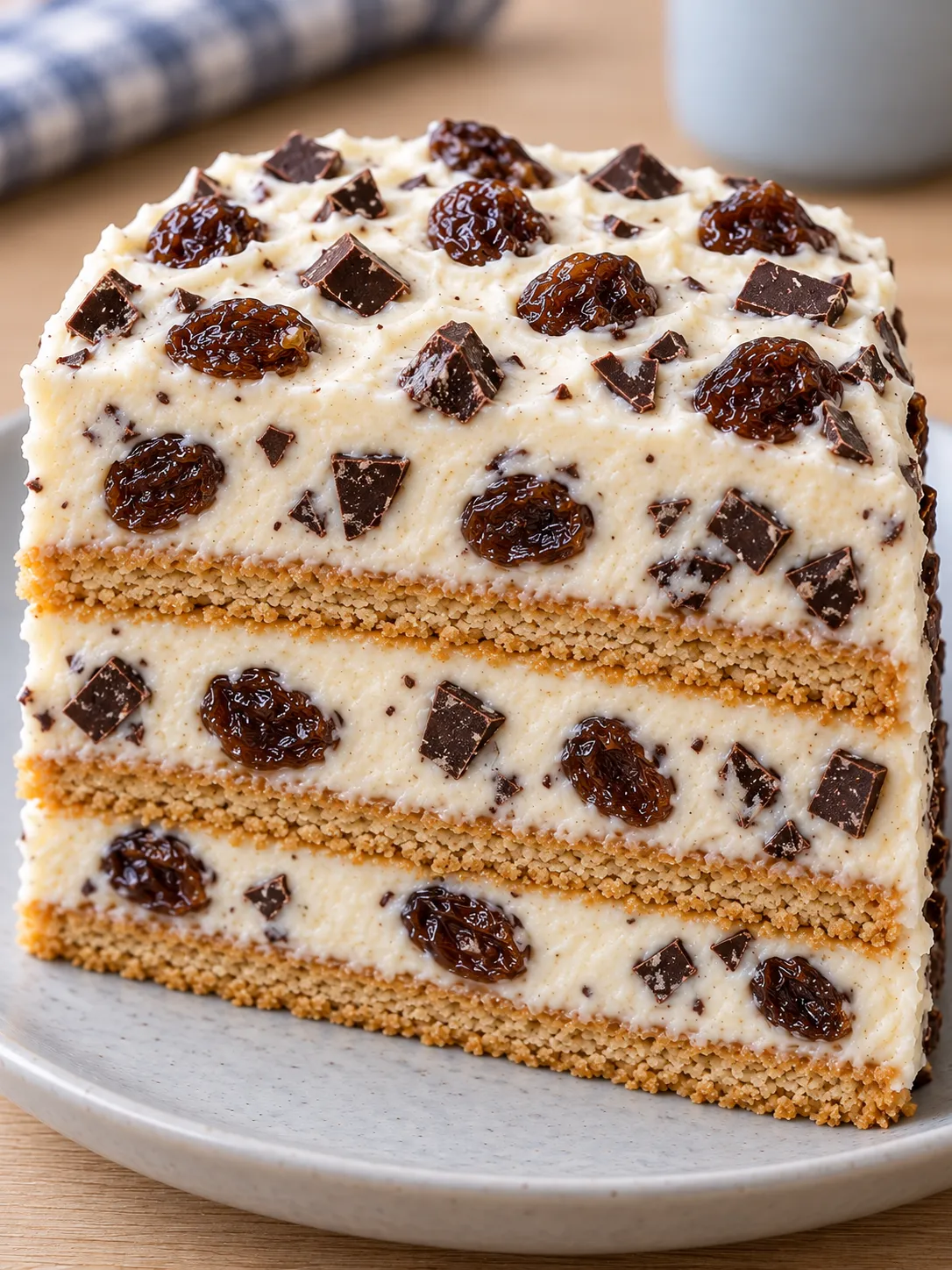 No-bake biscuit cake with vanilla and raisins — dark chocolate
