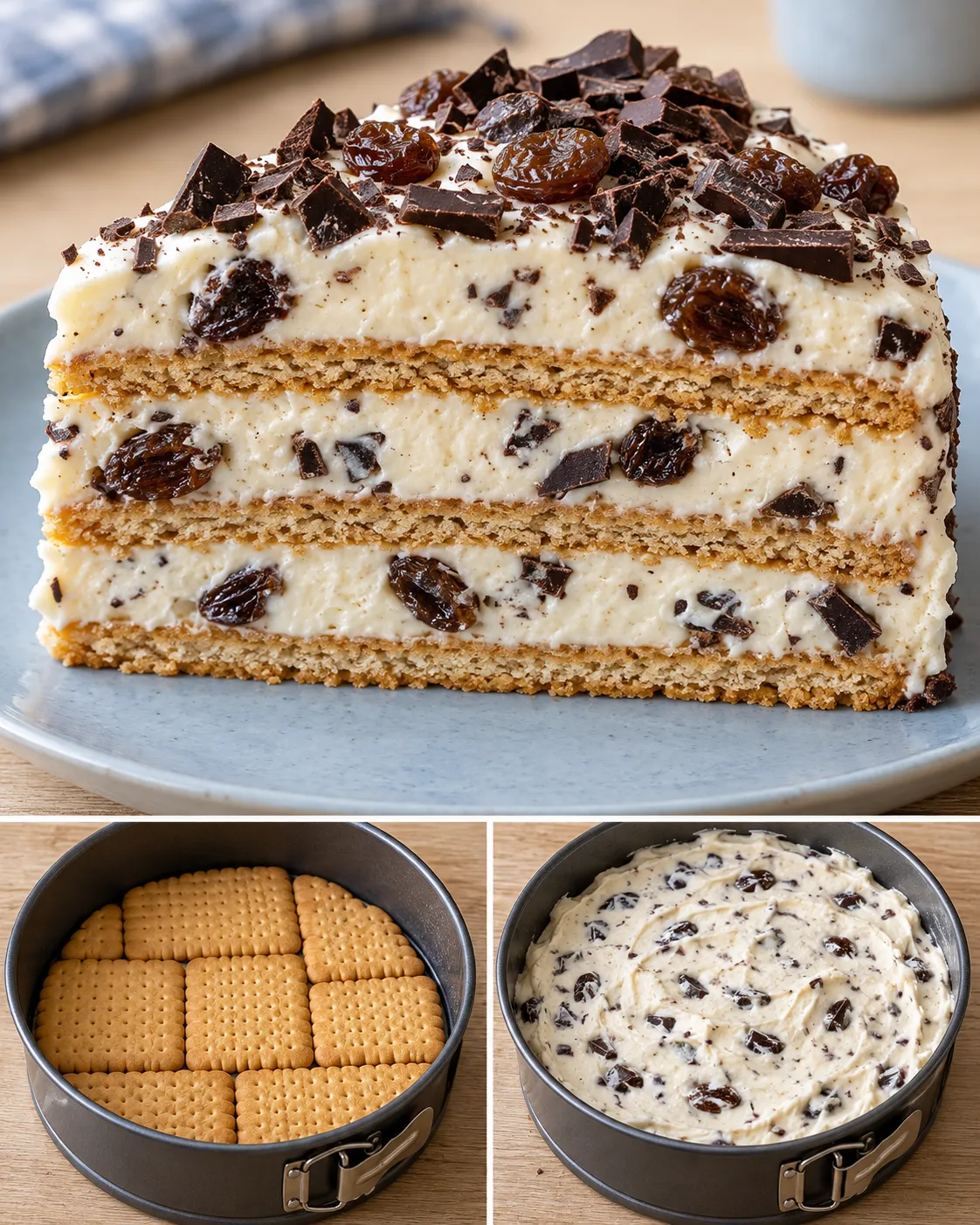 No-bake biscuit cake with vanilla and raisins — dark chocolate