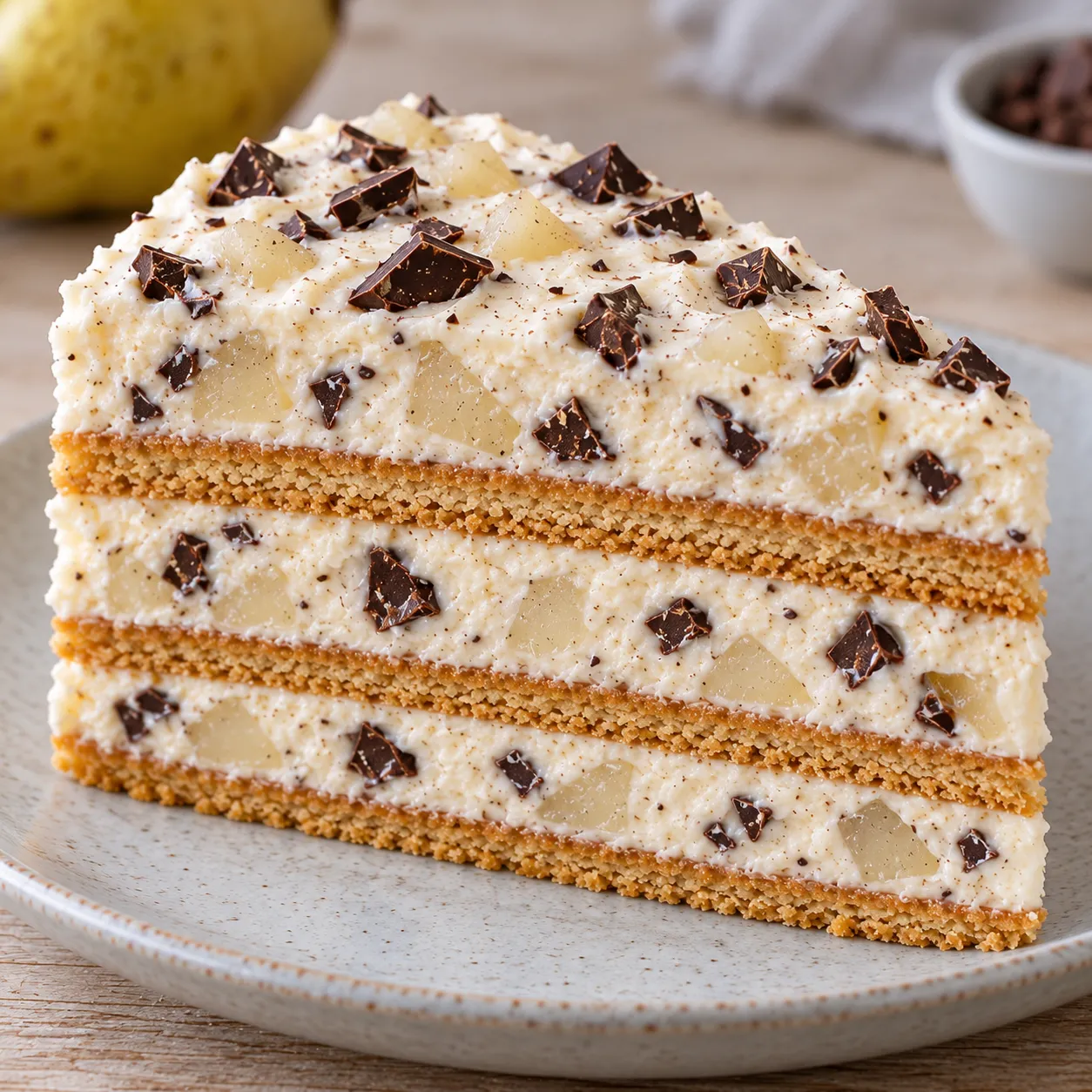 No-bake biscuit cake with cardamom and pear — dark chocolate