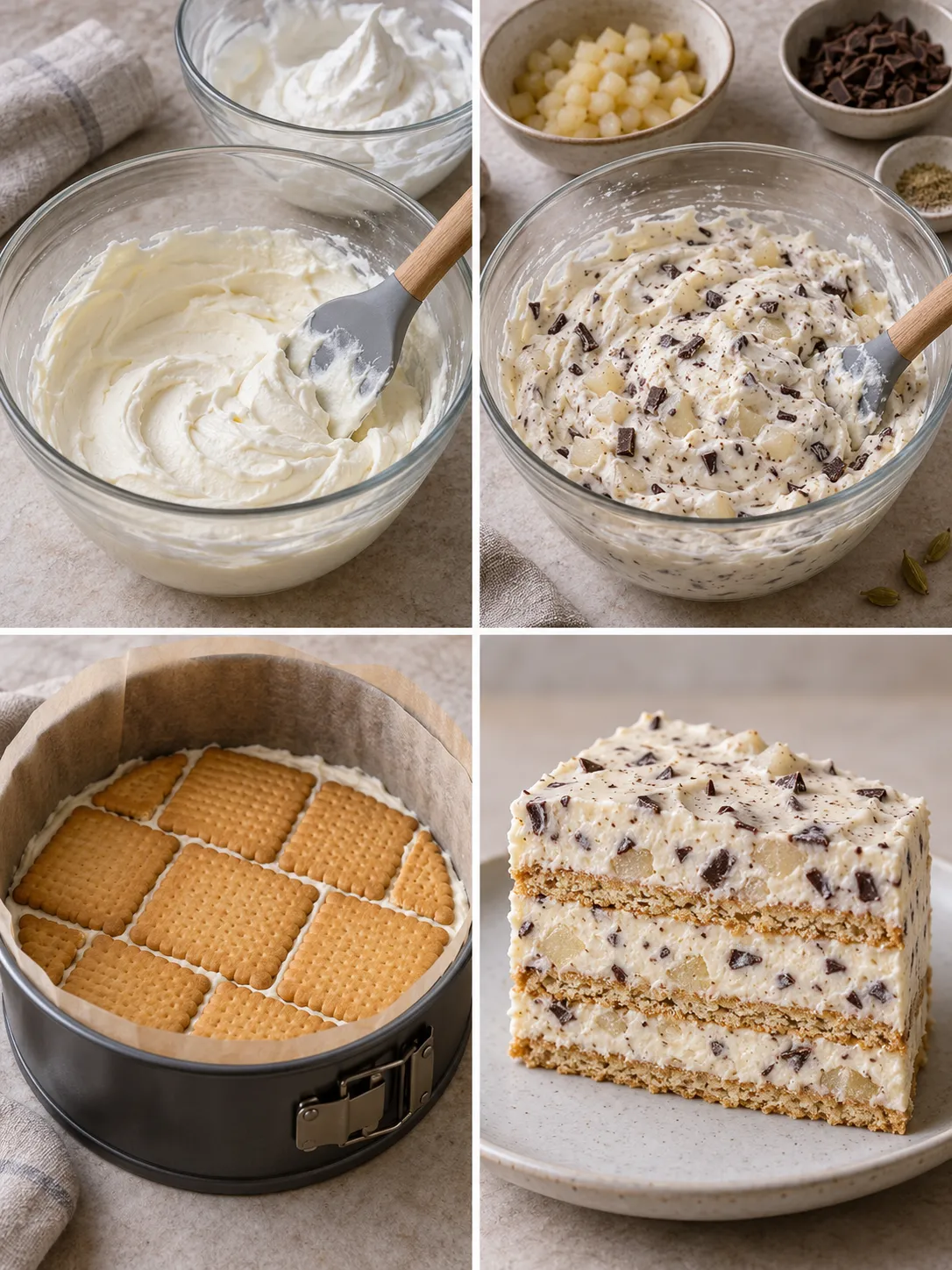 No-bake biscuit cake with cardamom and pear — dark chocolate