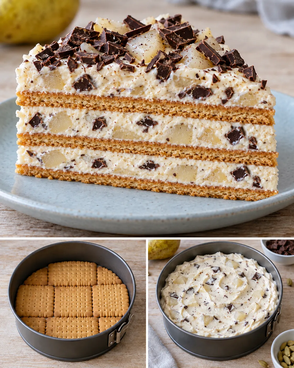 No-bake biscuit cake with cardamom and pear — dark chocolate