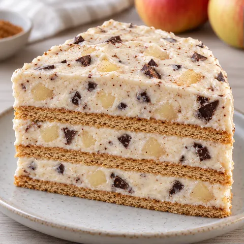 No-bake biscuit cake with cinnamon and apple — dark chocolate