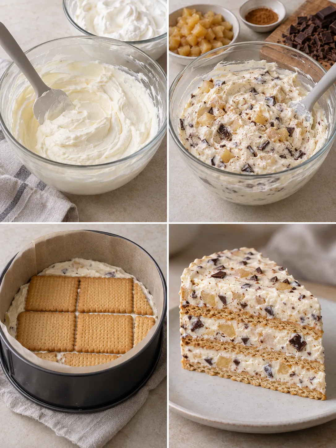 No-bake biscuit cake with cinnamon and apple — dark chocolate