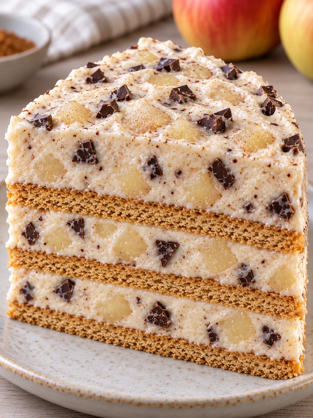 No-bake biscuit cake with cinnamon and apple — dark chocolate