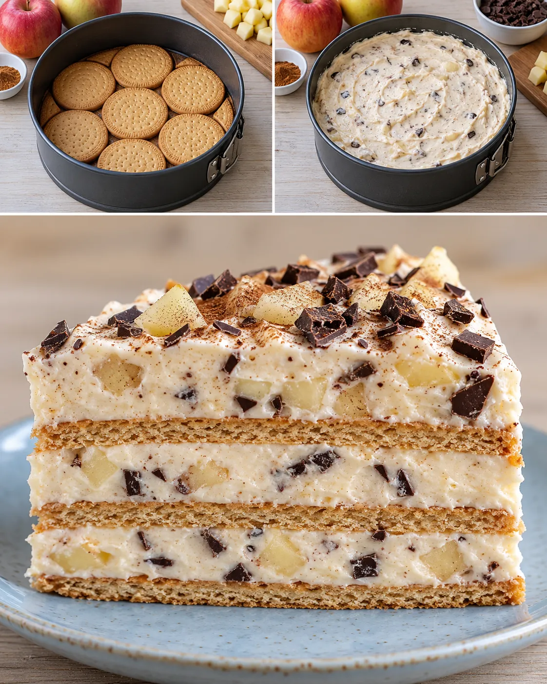 No-bake biscuit cake with cinnamon and apple — dark chocolate
