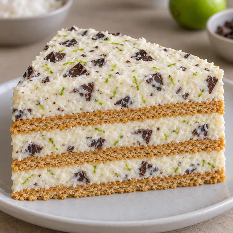 No-bake biscuit cake with coconut and lime — dark chocolate