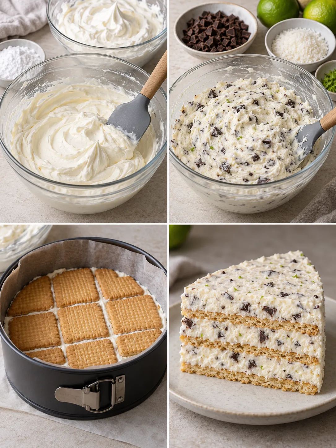 No-bake biscuit cake with coconut and lime — dark chocolate