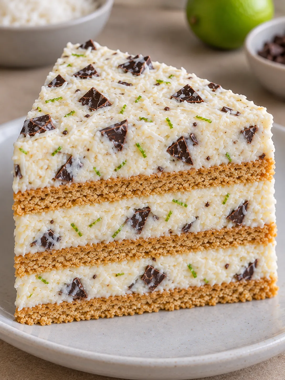 No-bake biscuit cake with coconut and lime — dark chocolate