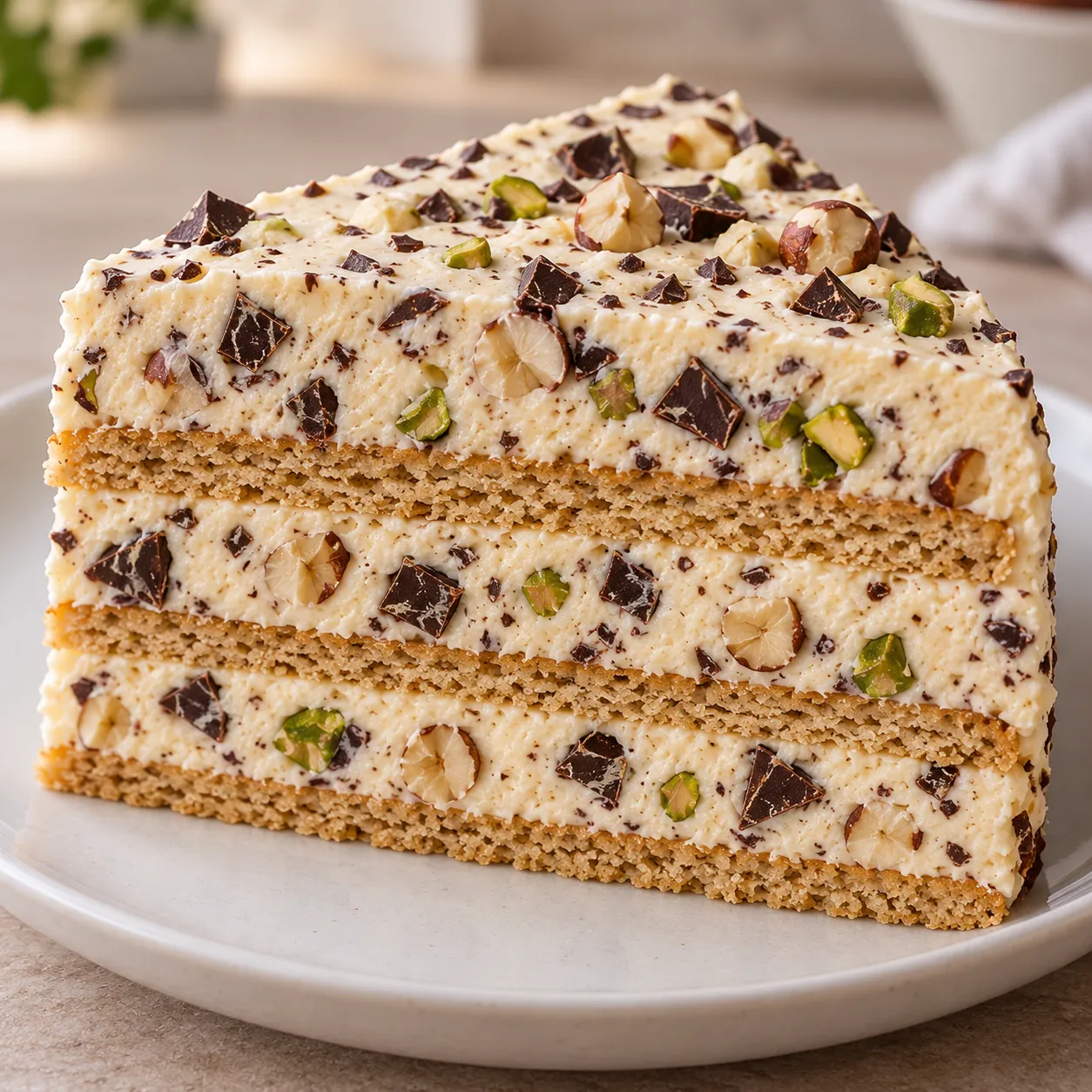No-bake biscuit cake with chocolate and hazelnuts — pistachios