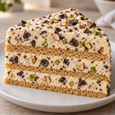 No-bake biscuit cake with chocolate and hazelnuts — pistachios