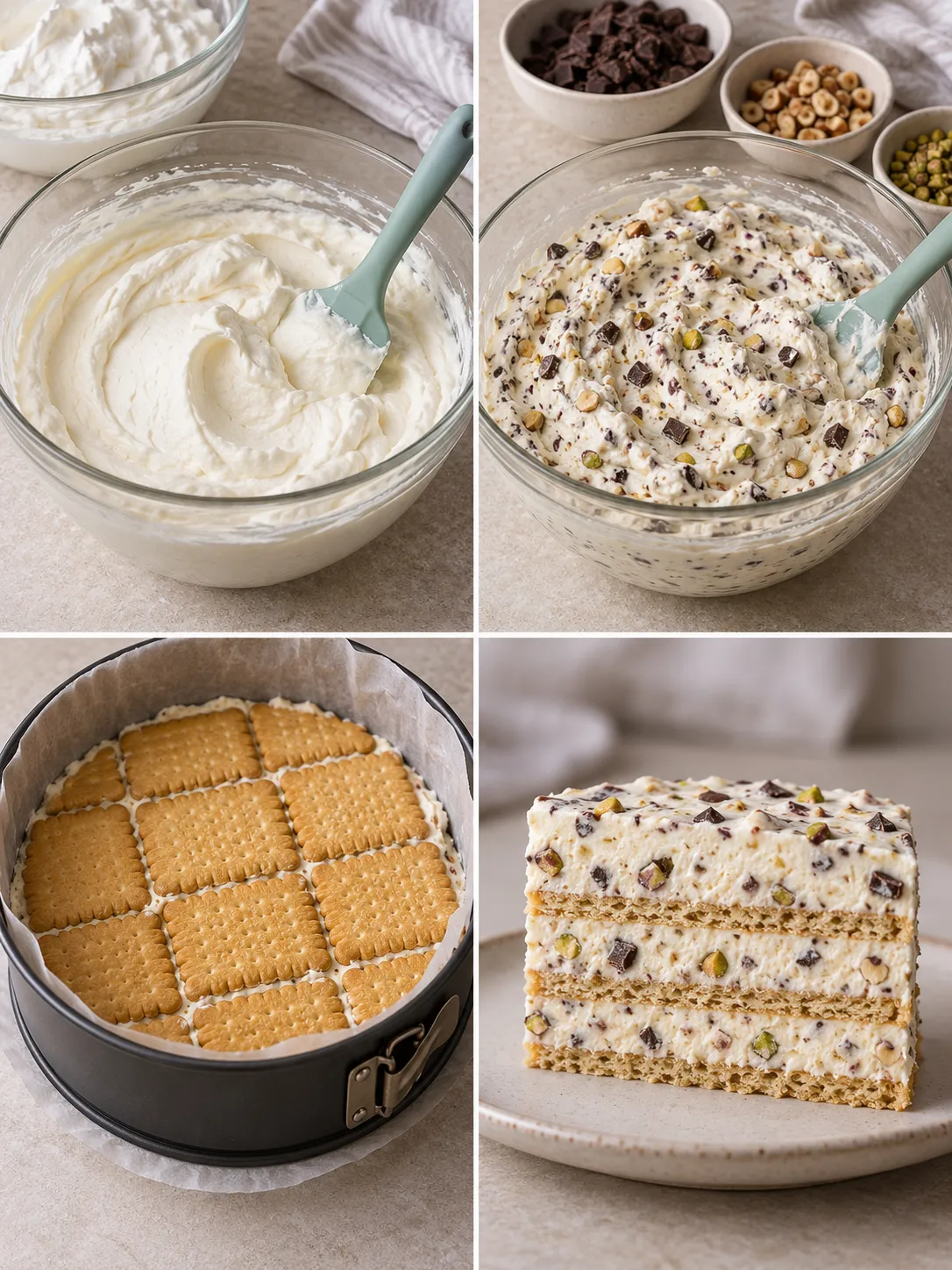 No-bake biscuit cake with chocolate and hazelnuts — pistachios