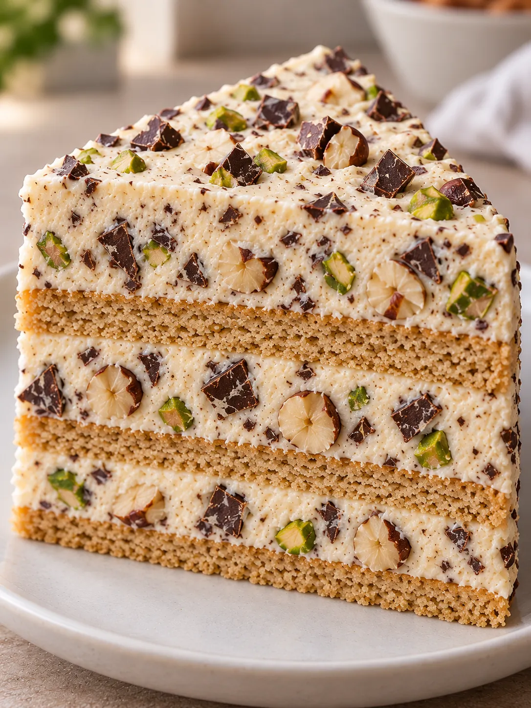 No-bake biscuit cake with chocolate and hazelnuts — pistachios