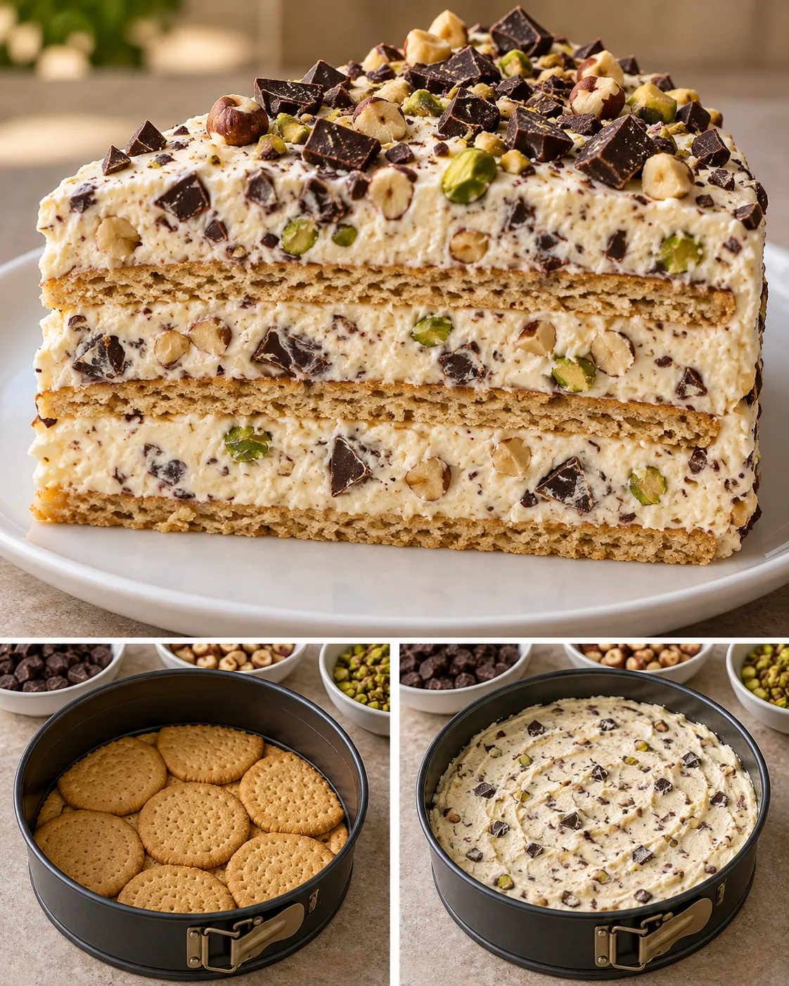 No-bake biscuit cake with chocolate and hazelnuts — pistachios
