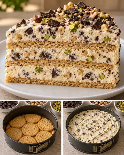 No-bake biscuit cake with chocolate and hazelnuts — pistachios