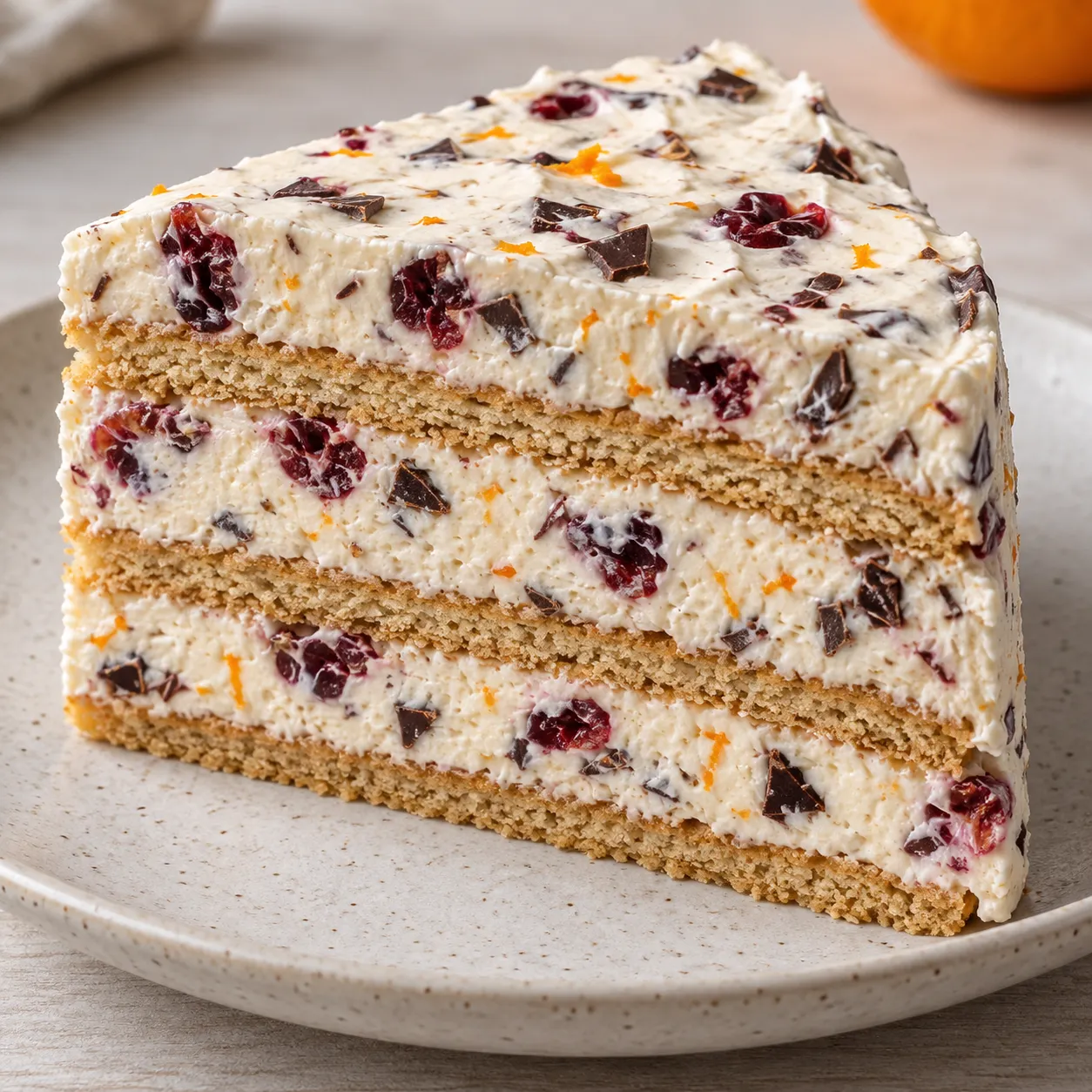No-bake biscuit cake with cranberries and orange — dark chocolate