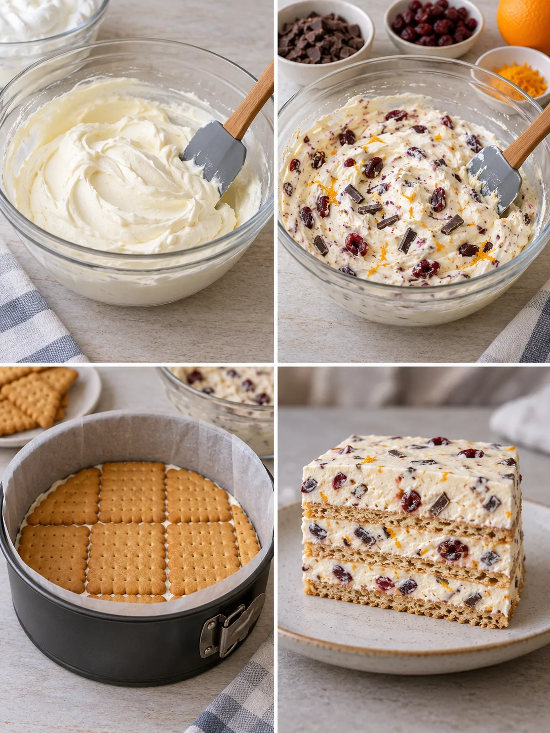 No-bake biscuit cake with cranberries and orange — dark chocolate