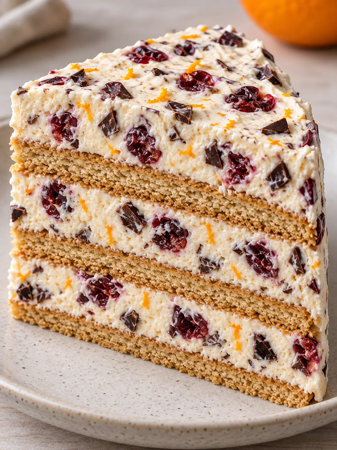 No-bake biscuit cake with cranberries and orange — dark chocolate