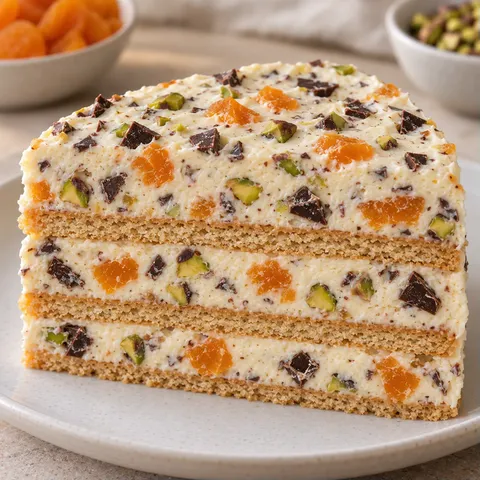 No-bake biscuit cake with apricots and pistachios — dark chocolate