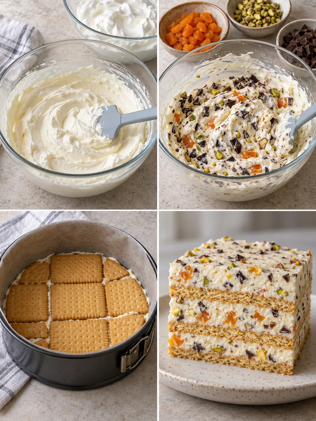 No-bake biscuit cake with apricots and pistachios — dark chocolate
