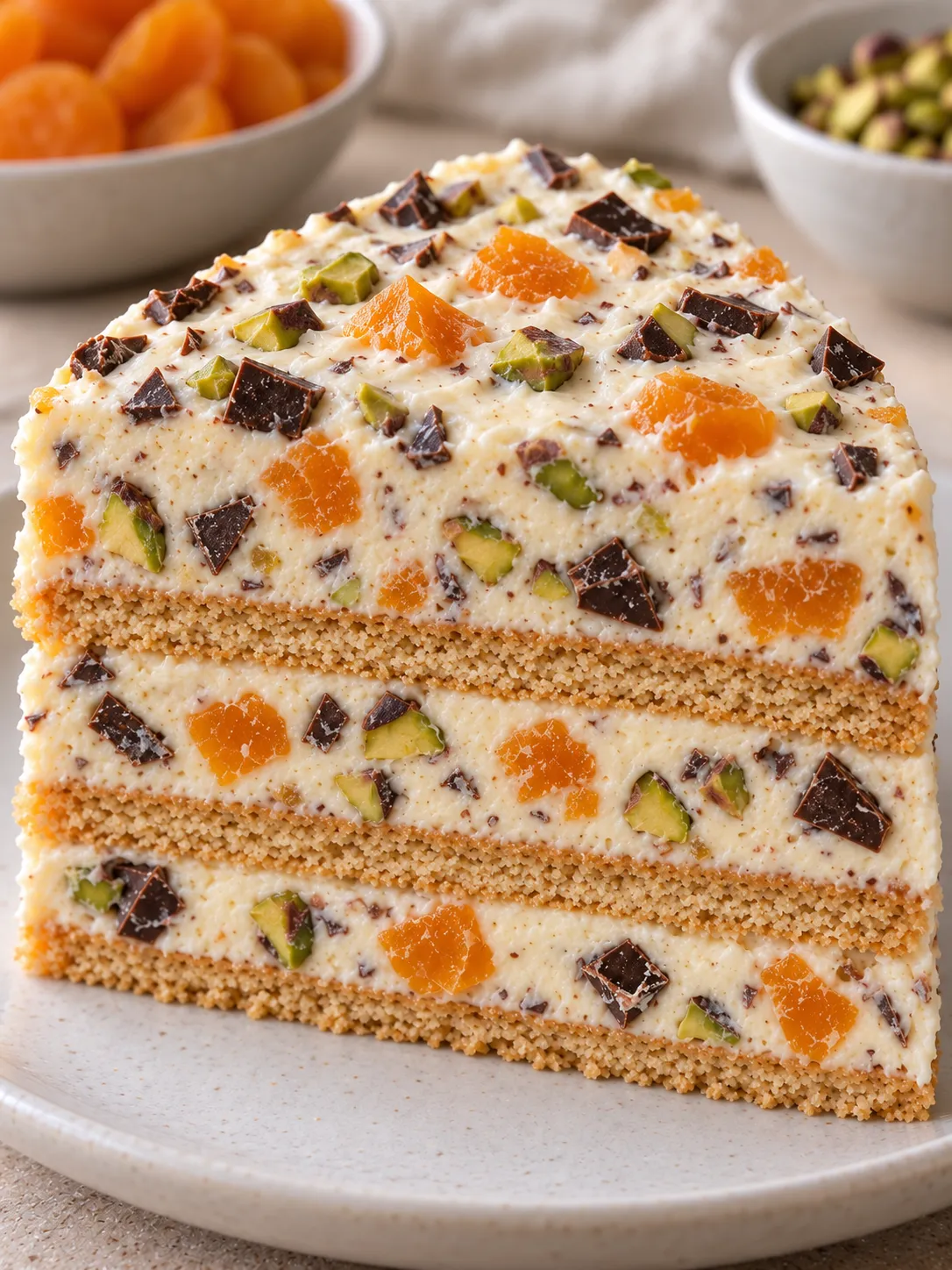 No-bake biscuit cake with apricots and pistachios — dark chocolate
