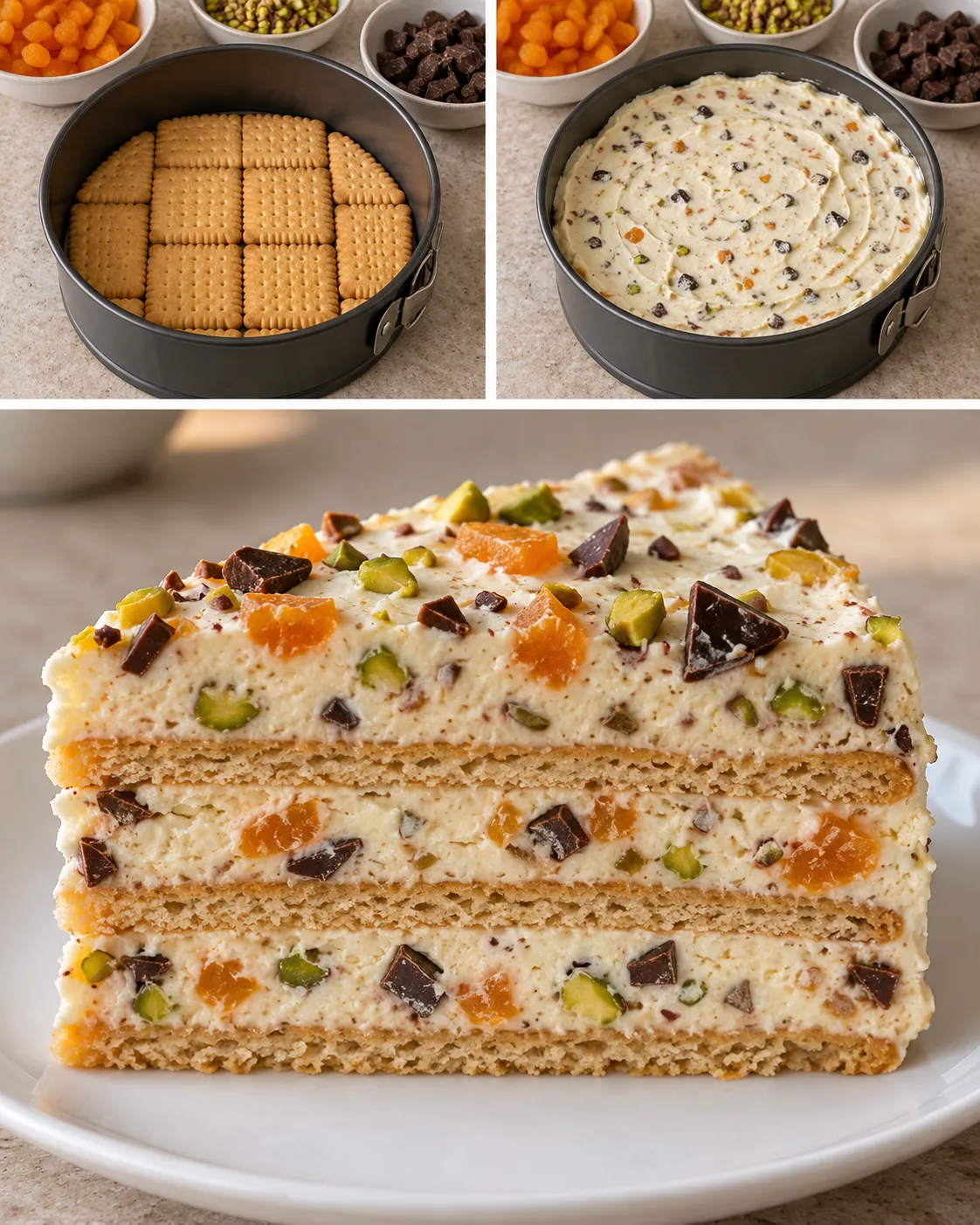 No-bake biscuit cake with apricots and pistachios — dark chocolate