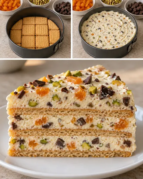 No-bake biscuit cake with apricots and pistachios — dark chocolate