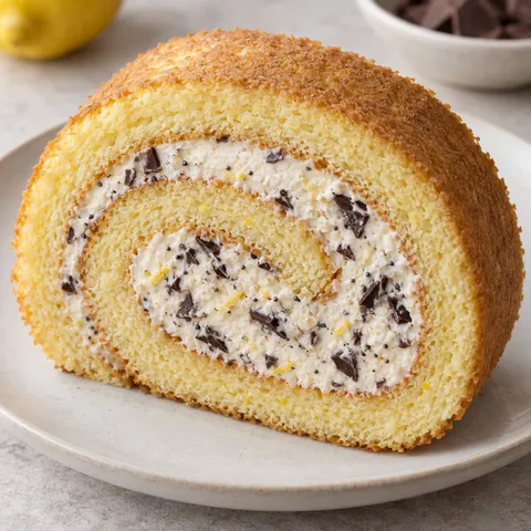 Sponge roll with lemon and poppy seeds — dark chocolate