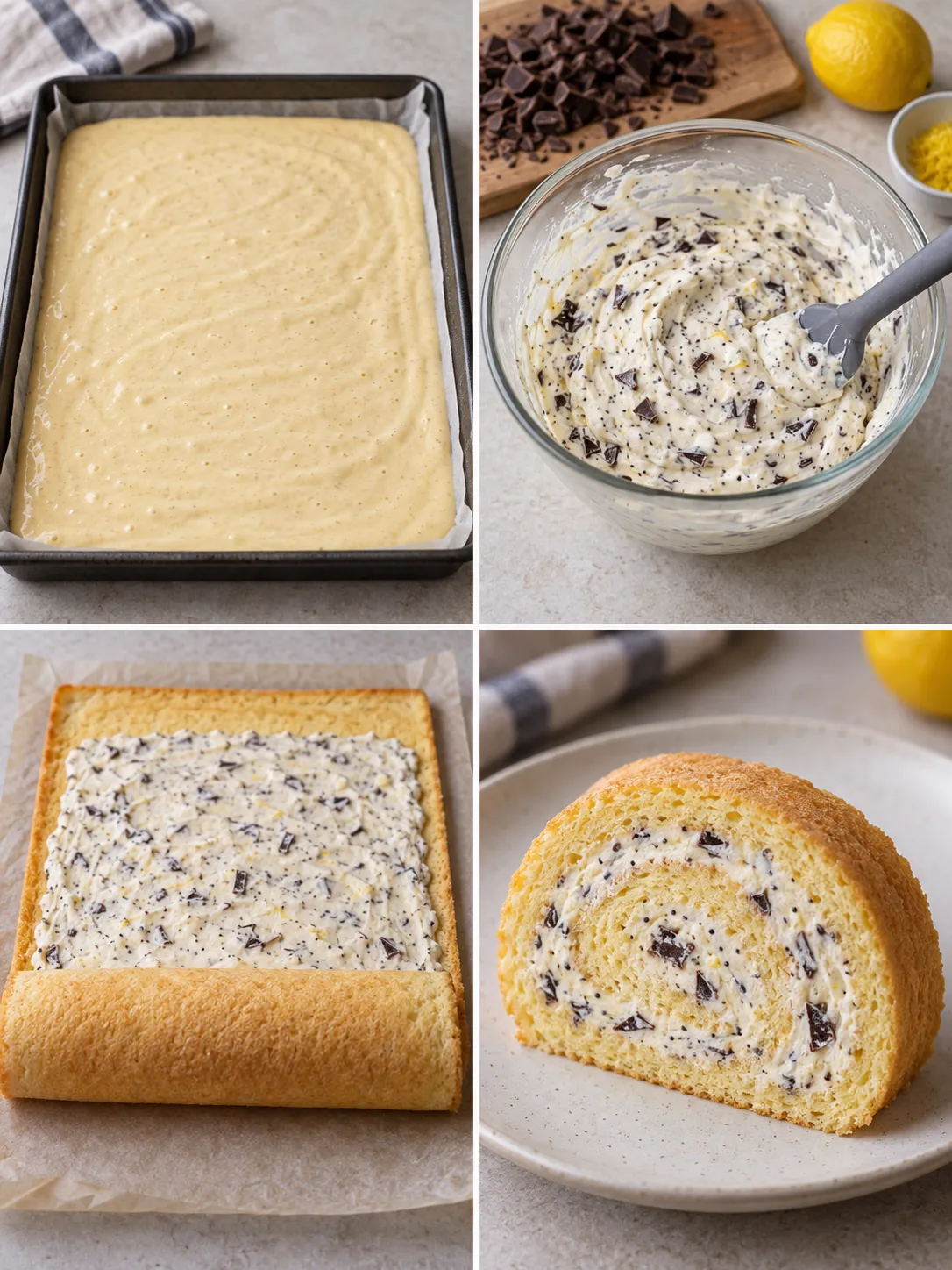 Sponge roll with lemon and poppy seeds — dark chocolate