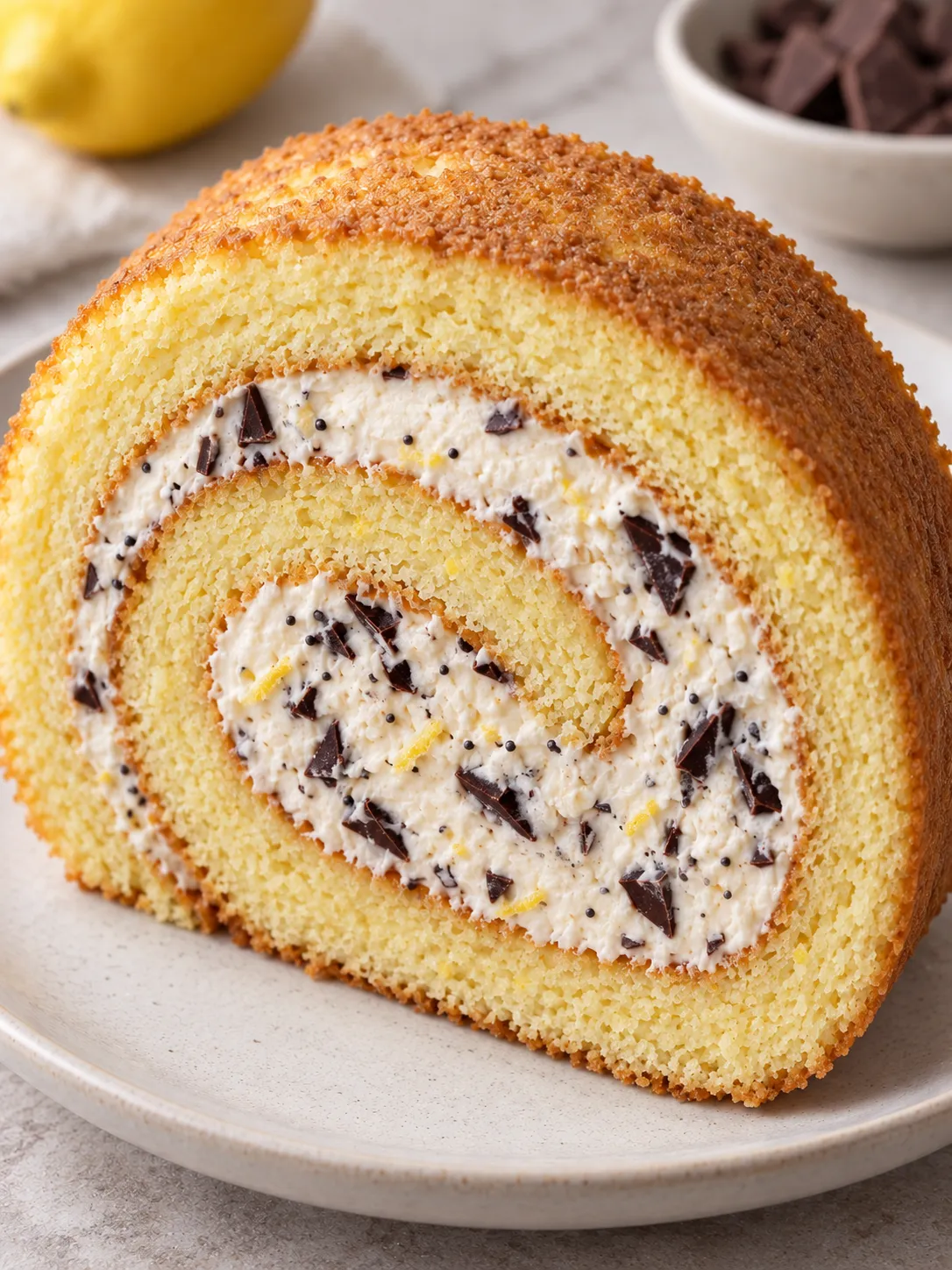 Sponge roll with lemon and poppy seeds — dark chocolate