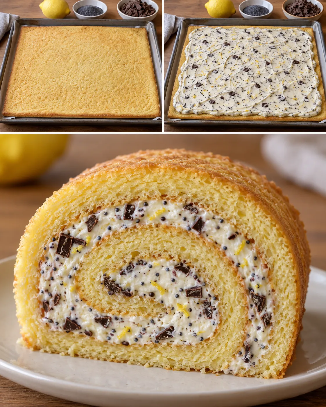 Sponge roll with lemon and poppy seeds — dark chocolate