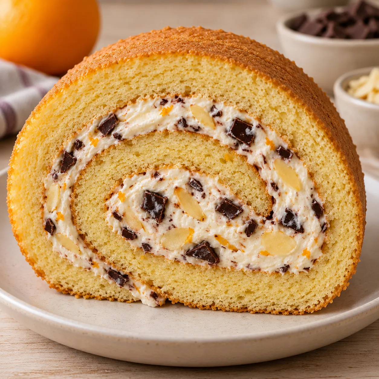 Sponge roll with orange and almonds — dark chocolate