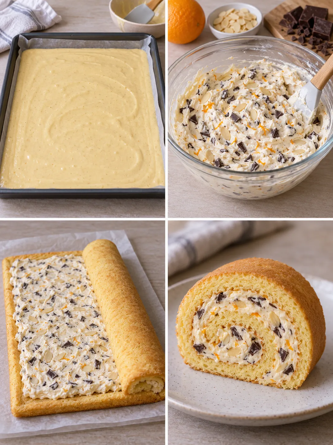 Sponge roll with orange and almonds — dark chocolate