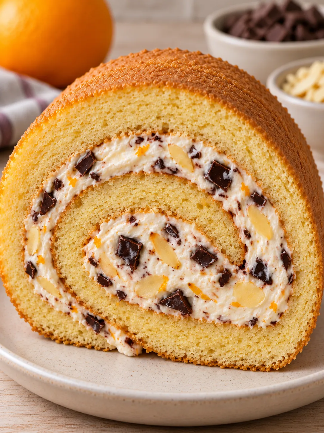 Sponge roll with orange and almonds — dark chocolate