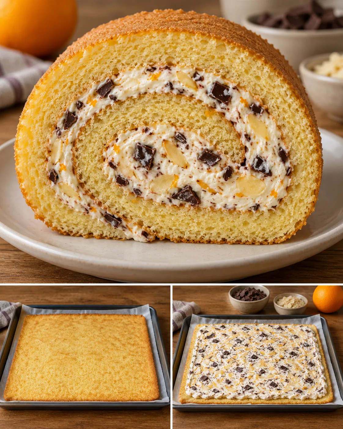 Sponge roll with orange and almonds — dark chocolate