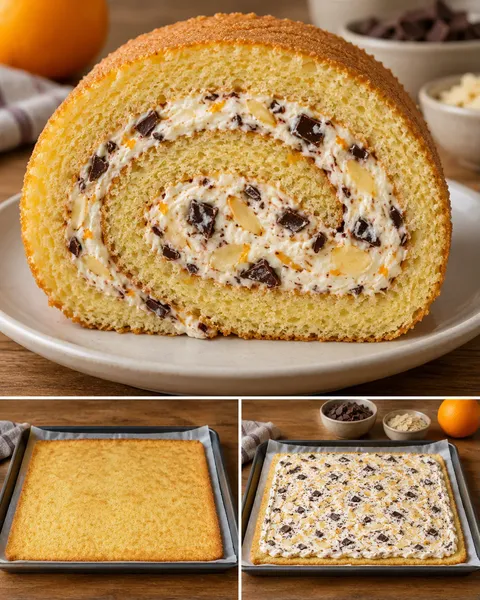 Sponge roll with orange and almonds — dark chocolate