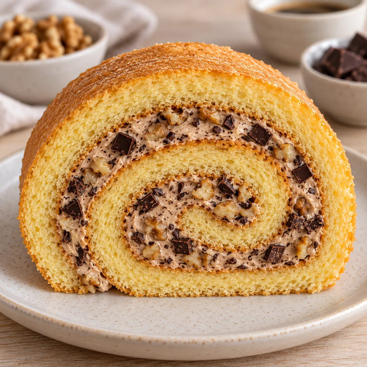 Sponge roll with coffee and walnuts — dark chocolate