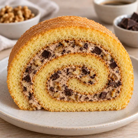 Sponge roll with coffee and walnuts — dark chocolate