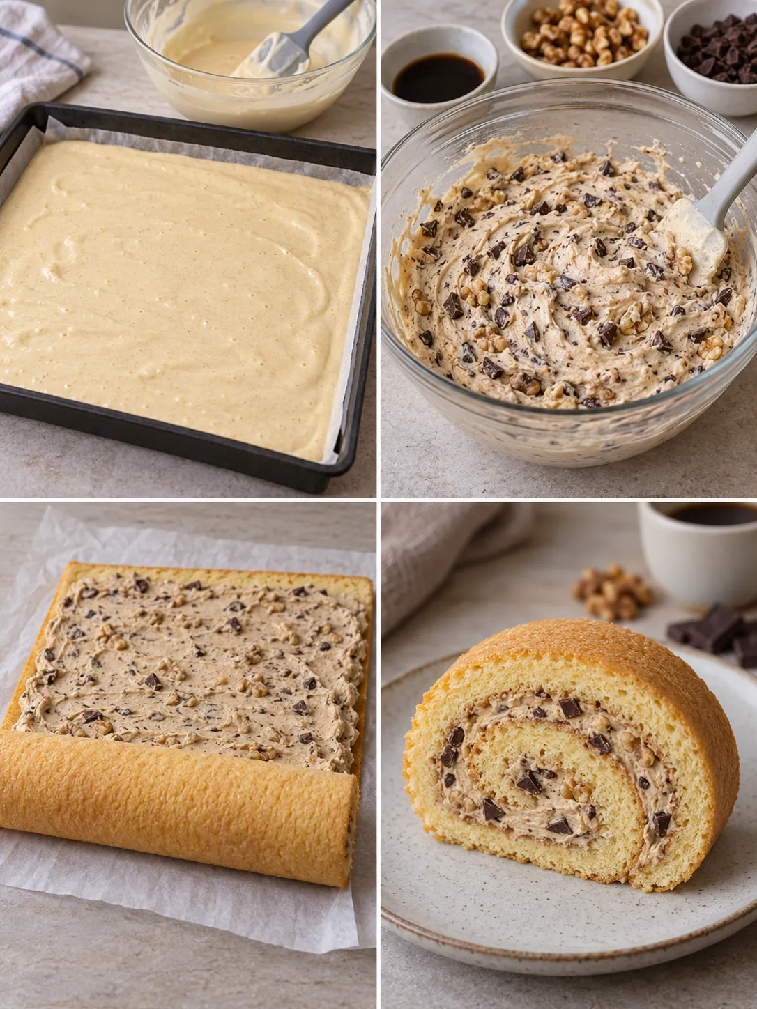 Sponge roll with coffee and walnuts — dark chocolate