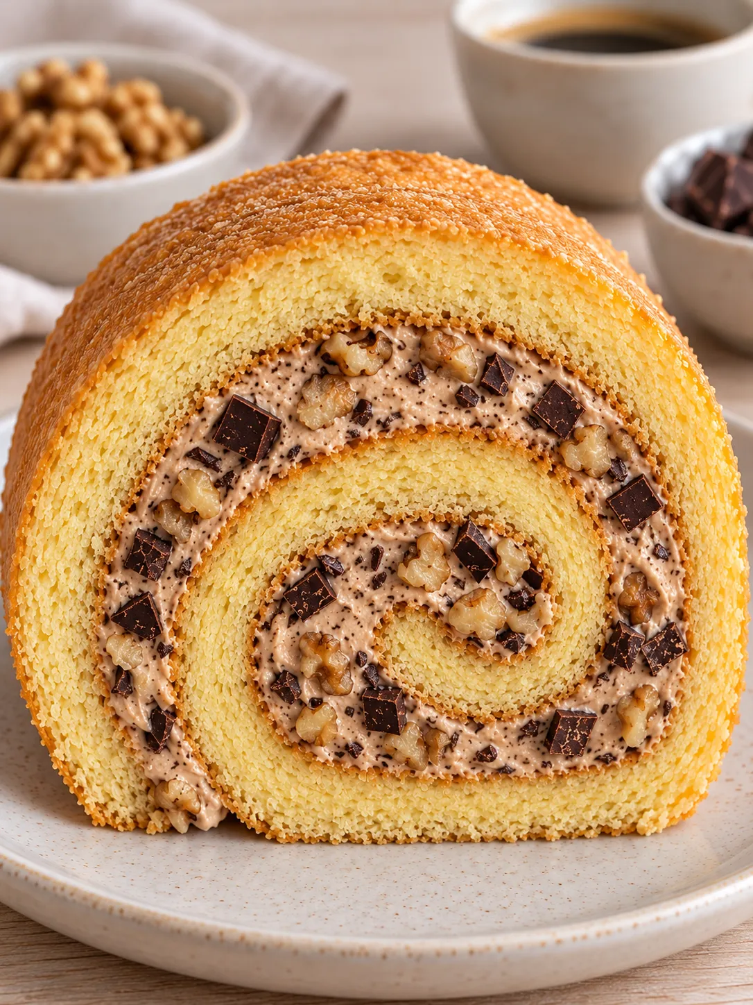 Sponge roll with coffee and walnuts — dark chocolate