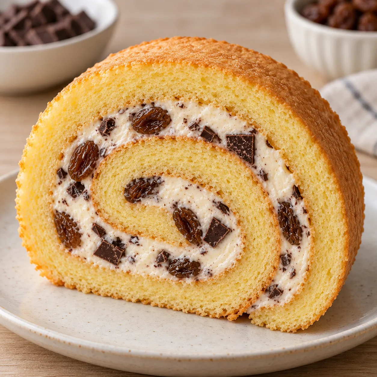 Sponge roll with vanilla and raisins — dark chocolate