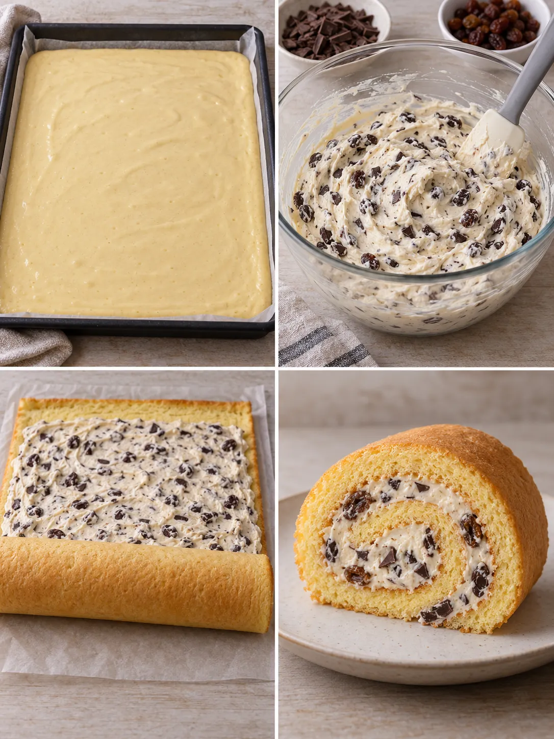 Sponge roll with vanilla and raisins — dark chocolate
