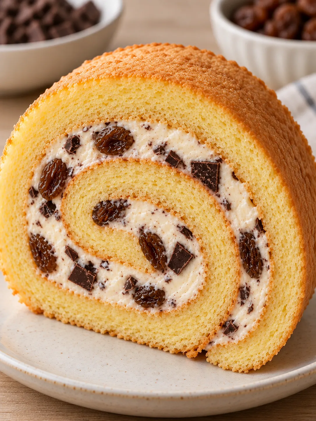 Sponge roll with vanilla and raisins — dark chocolate
