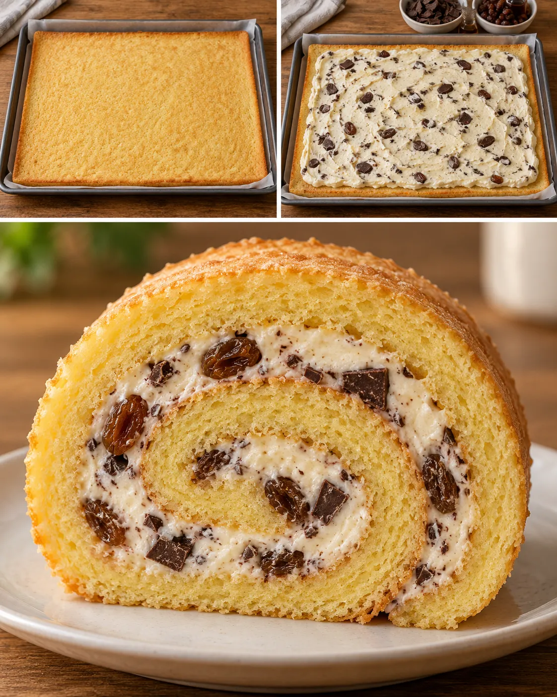 Sponge roll with vanilla and raisins — dark chocolate