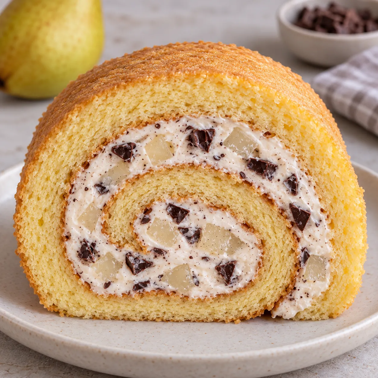 Sponge roll with cardamom and pear — dark chocolate