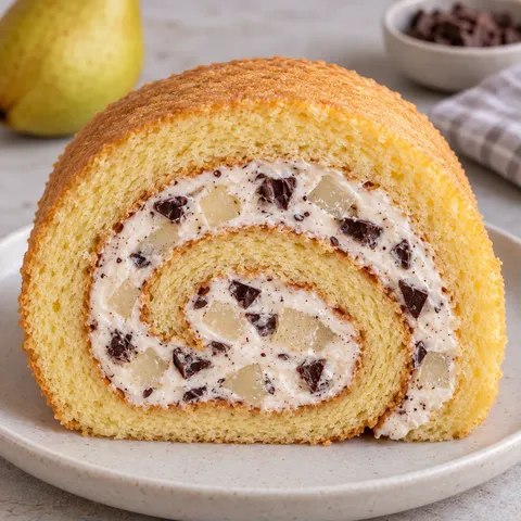 Sponge roll with cardamom and pear — dark chocolate