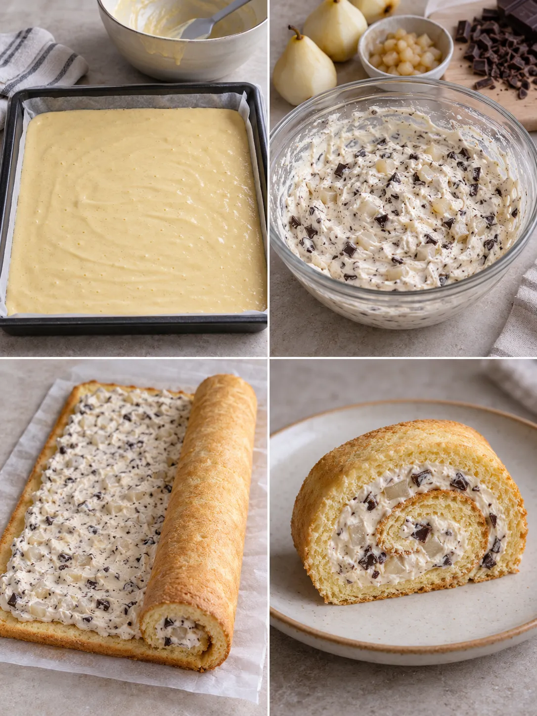 Sponge roll with cardamom and pear — dark chocolate