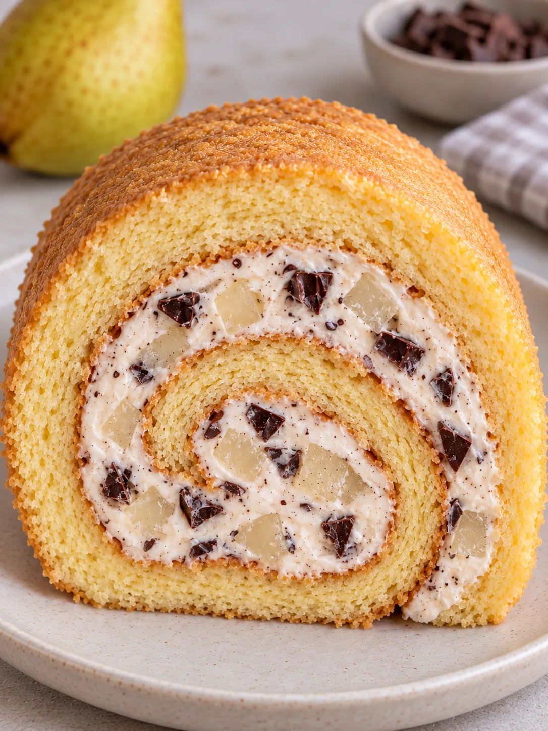 Sponge roll with cardamom and pear — dark chocolate