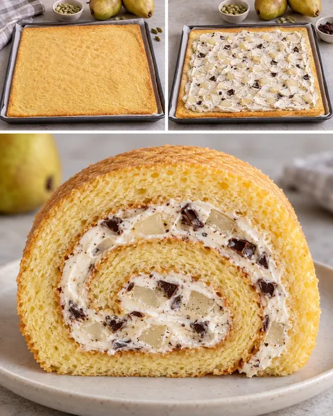 Sponge roll with cardamom and pear — dark chocolate