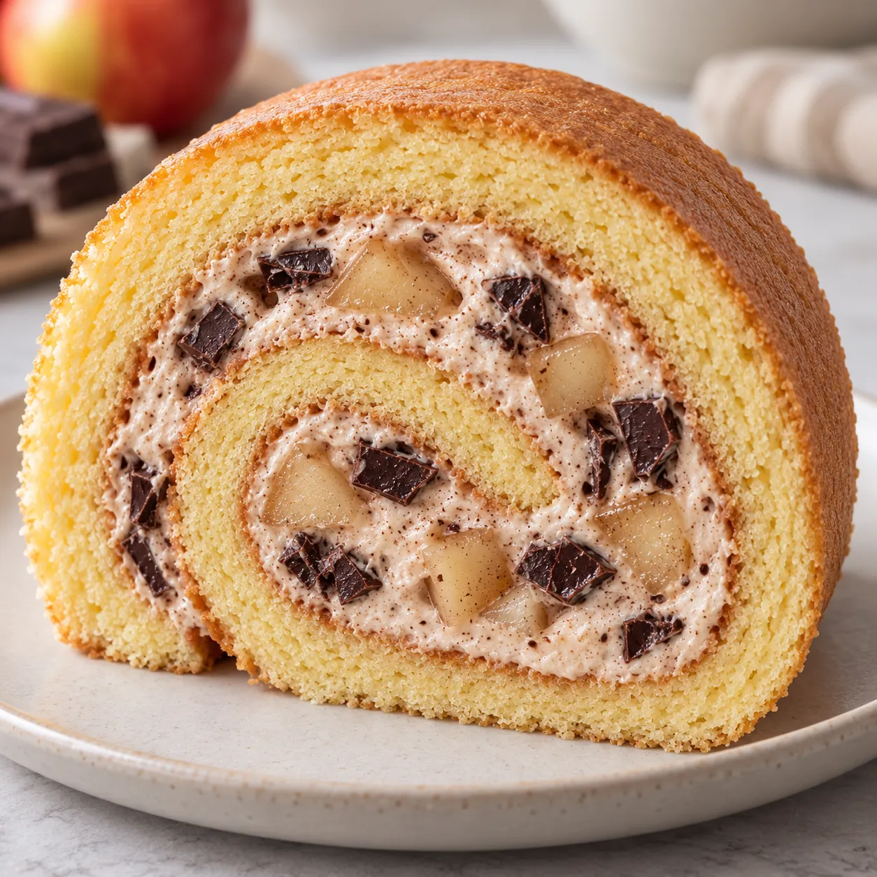 Sponge roll with cinnamon and apple — dark chocolate
