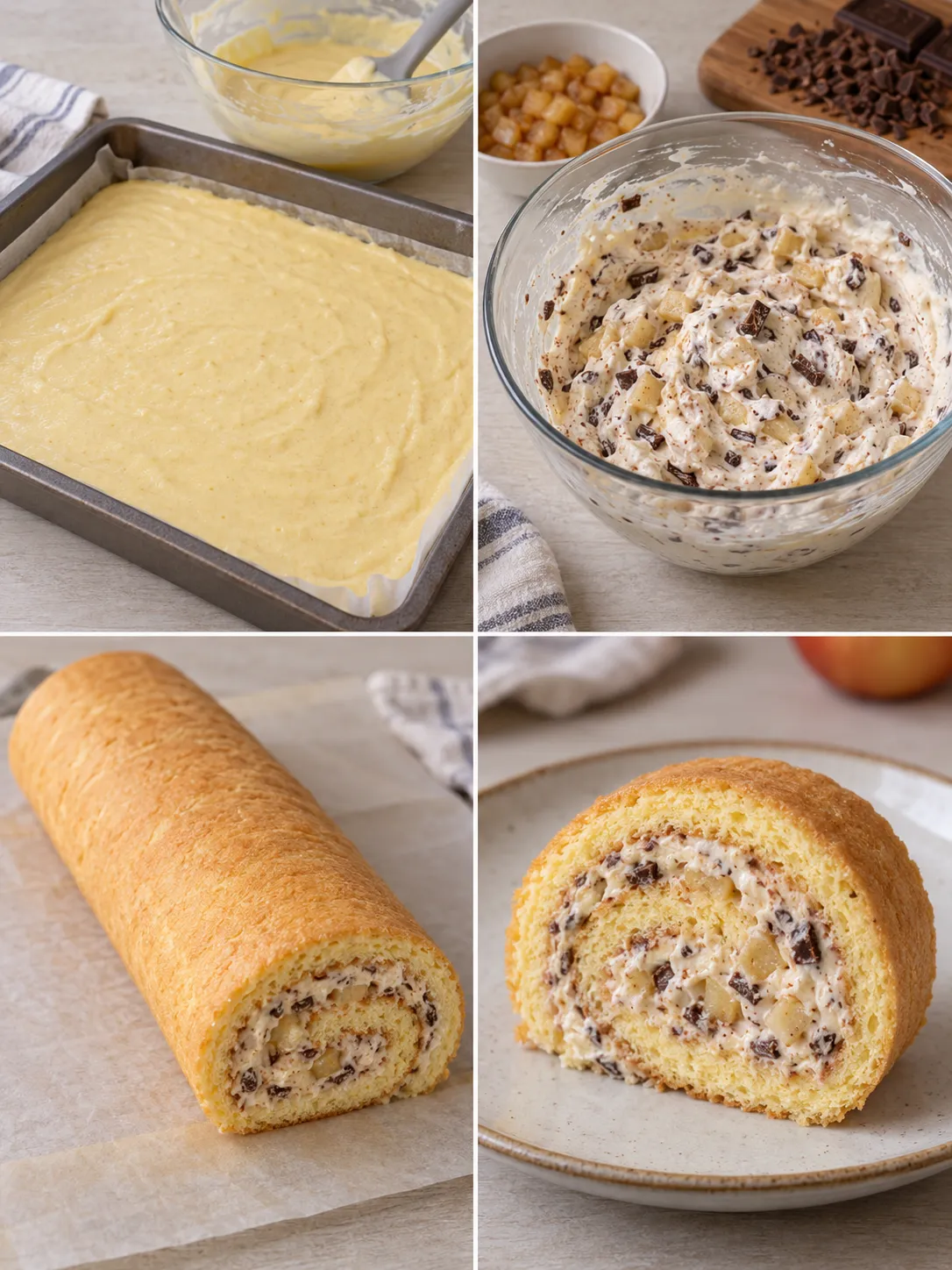 Sponge roll with cinnamon and apple — dark chocolate